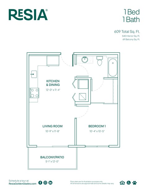 A floor plan for a 1 Bed 1 Bath apartment.